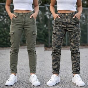 Ashley Mason Women Cargo Pants Bundle Olive/Camo Skinny Utility Pocket Size 7/28